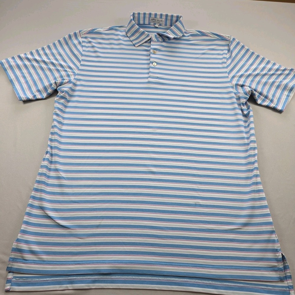 Peter Millar Summer Comfort Blue Stripe Mens Performance Polo Shirt Size Large